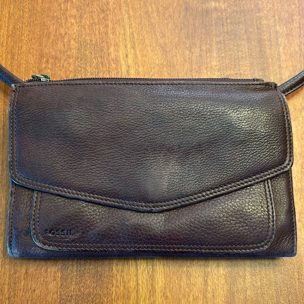 Fossil Travel Trifold Wallet & Purse Crossbody, Brown Pebble Leather